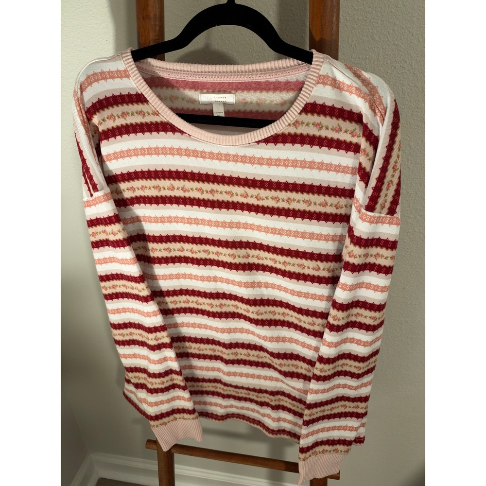 LC Lauren Conrad Sleepwear Top XL Pink Red Floral Stripe Fair Isle Pajama Shirt